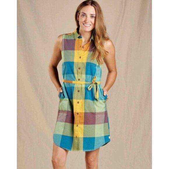 Toad & Co sz M Funday Tie Shirt Dress Organic Cotton Multicolor Checkered Plaid - Picture 1 of 14
